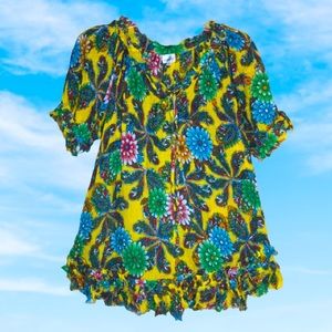 ADRIFT yellow blouse with bright colored florals
